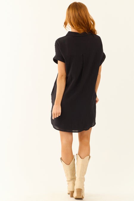 Black Button Down Short Sleeve Shirt Mini Dress