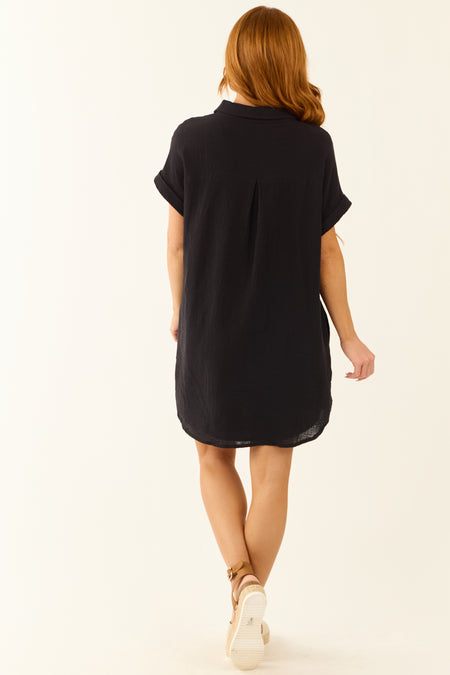 Black Button Down Cotton Gauze Shirt Dress