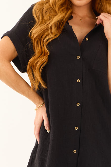 Black Button Down Short Sleeve Shirt Mini Dress