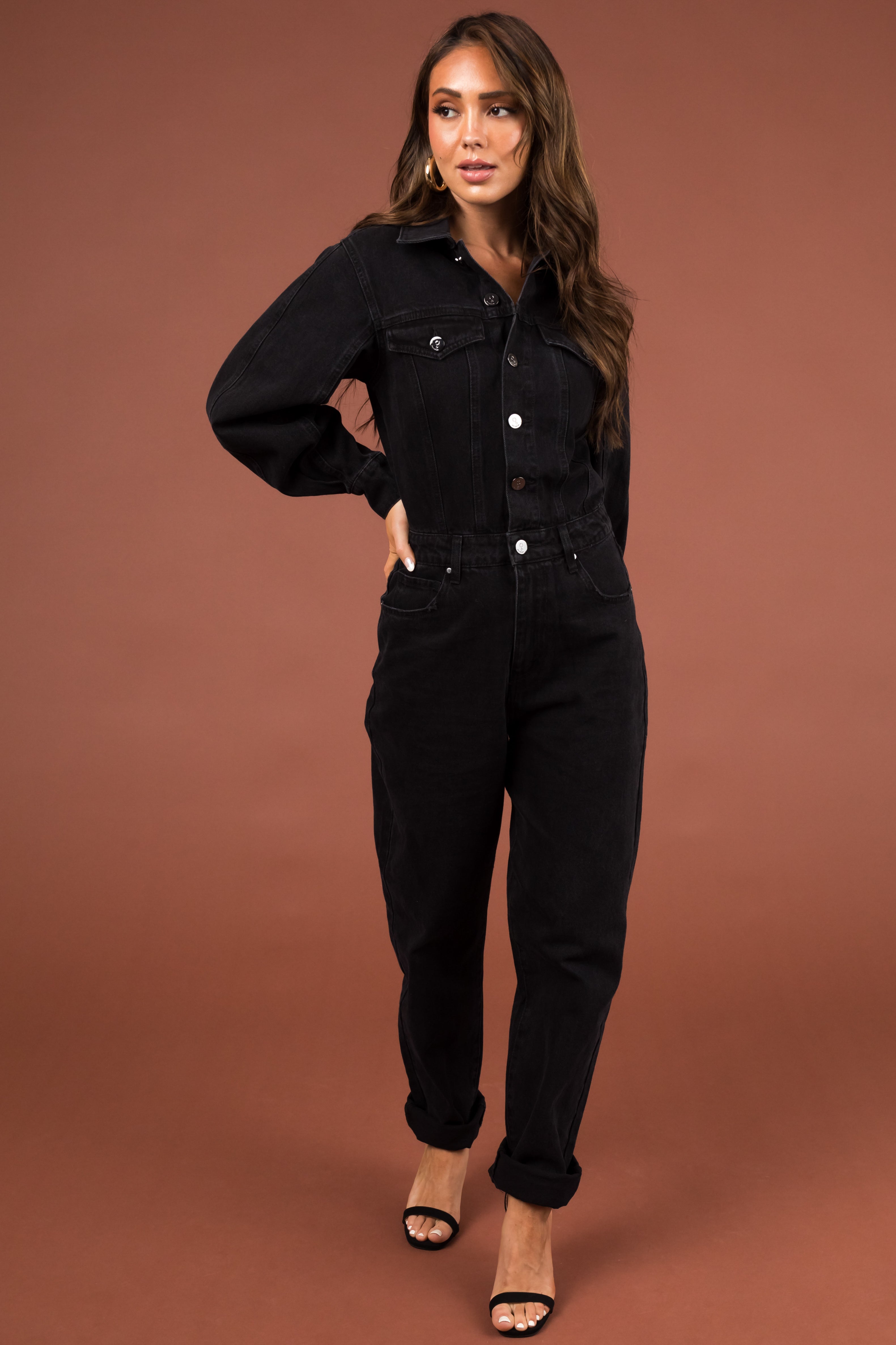 Black Button Up Long Sleeve Denim Jumpsuit