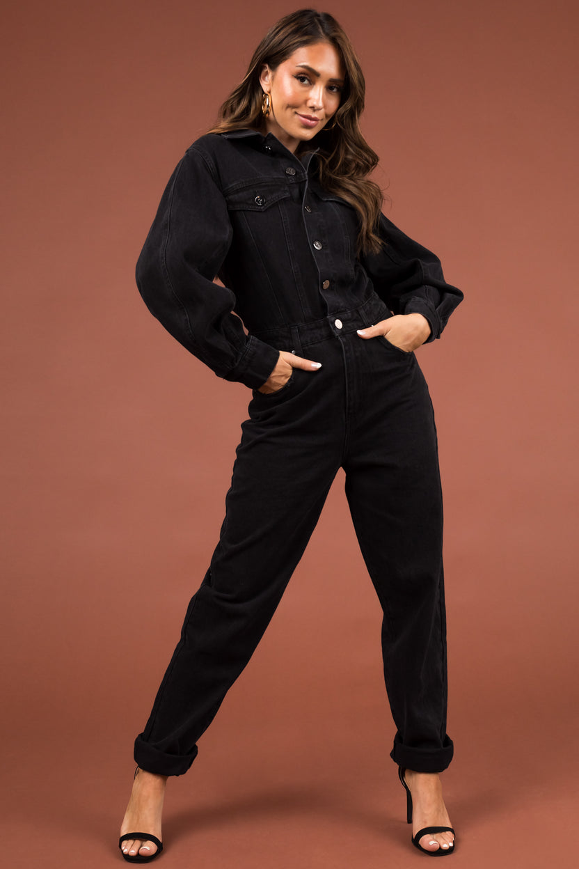 Black Button Up Long Sleeve Denim Jumpsuit