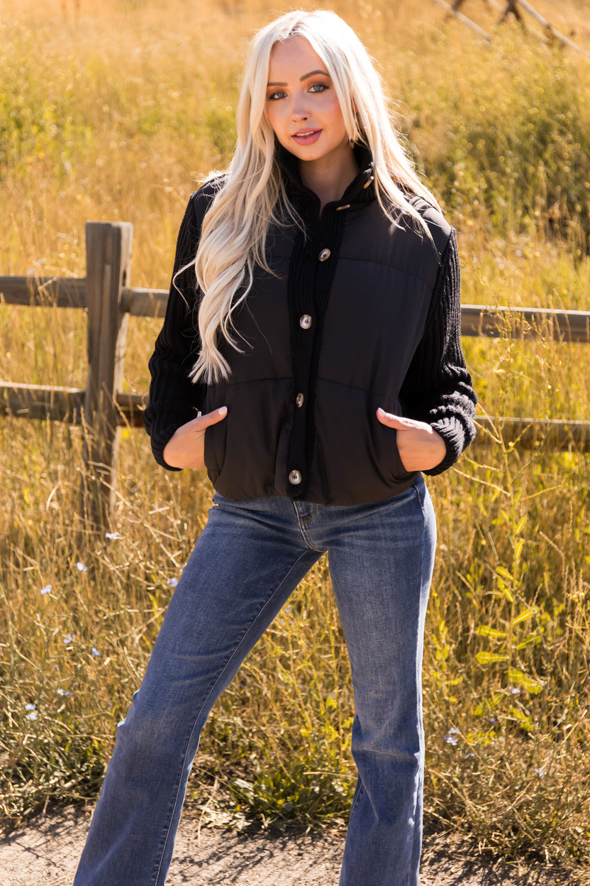 Black Button Up Long Sleeve Sweater Jacket