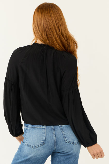 Black Button Up Smocked Yoke Long Sleeve Top