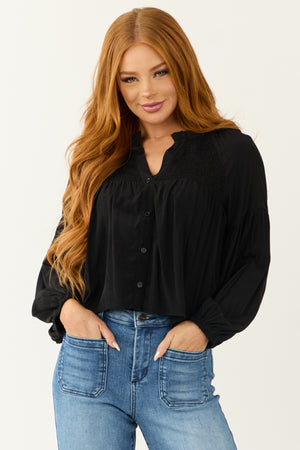 Black Button Up Smocked Yoke Long Sleeve Top