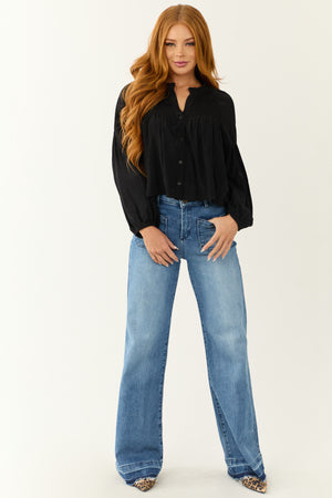 Black Button Up Smocked Yoke Long Sleeve Top