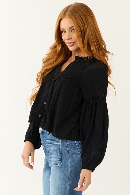 Black Button Up Smocked Yoke Long Sleeve Top