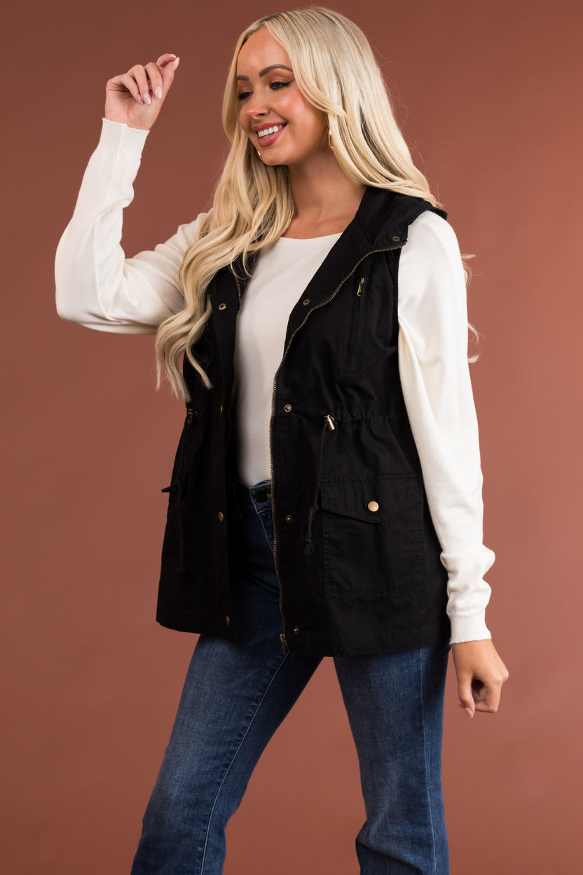 Black Buttoned Hooded Drawstring Waist Vest