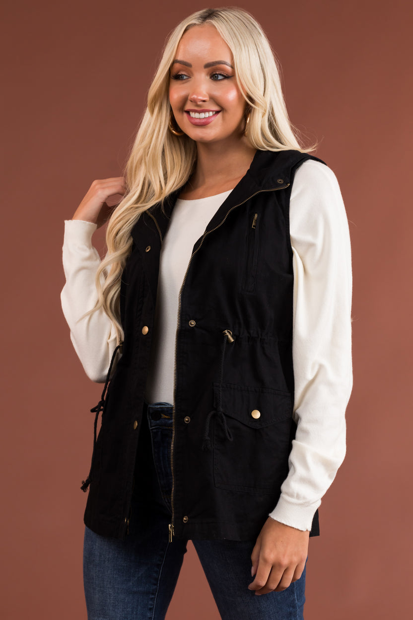 Black Buttoned Hooded Drawstring Waist Vest