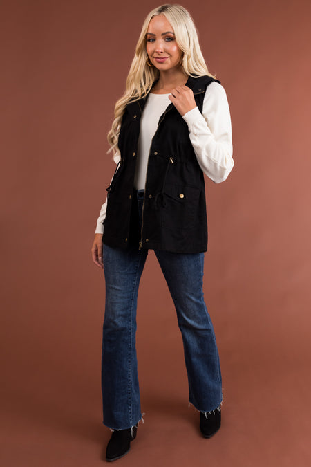 Black Buttoned Hooded Drawstring Waist Vest