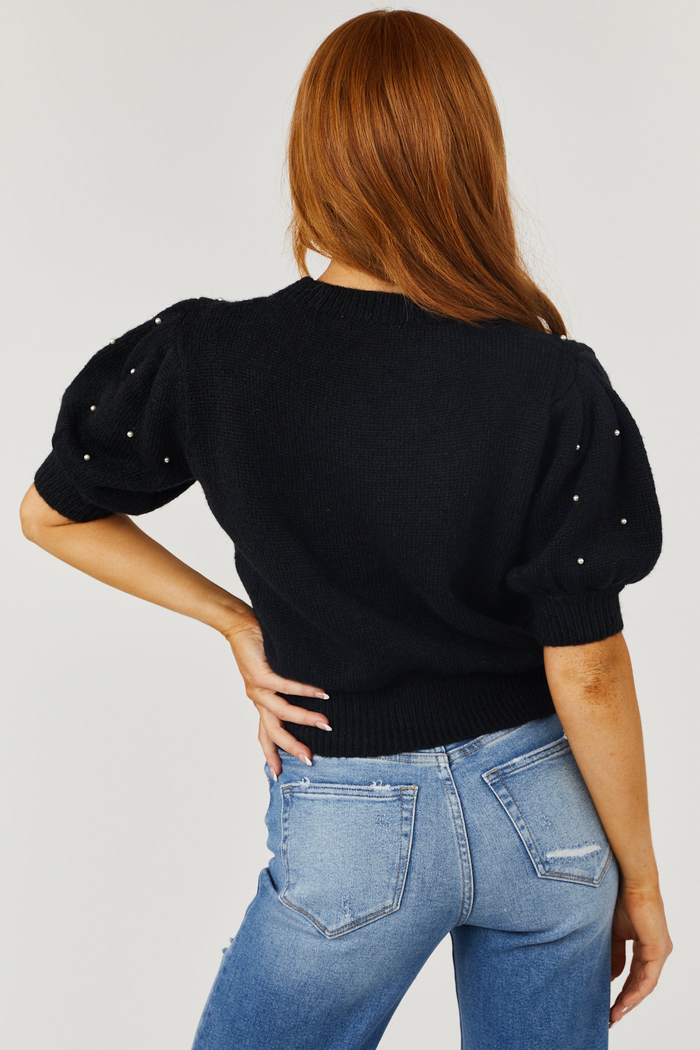 She+Sky Black Cable Knit Pearl Studded Short Sleeve Sweater