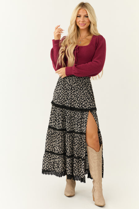 Black Cactus Print Lace Trim Slit Maxi Skirt