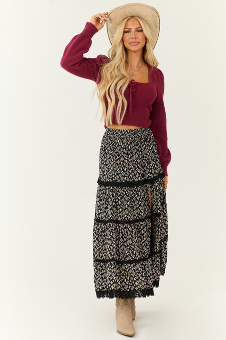 Black Cactus Print Lace Trim Slit Maxi Skirt