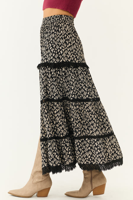 Black Cactus Print Lace Trim Slit Maxi Skirt