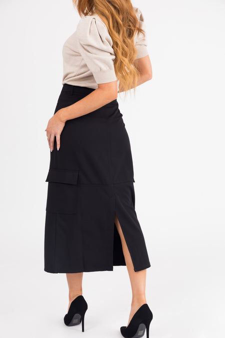 Black Cargo Midi Skirt with Pockets