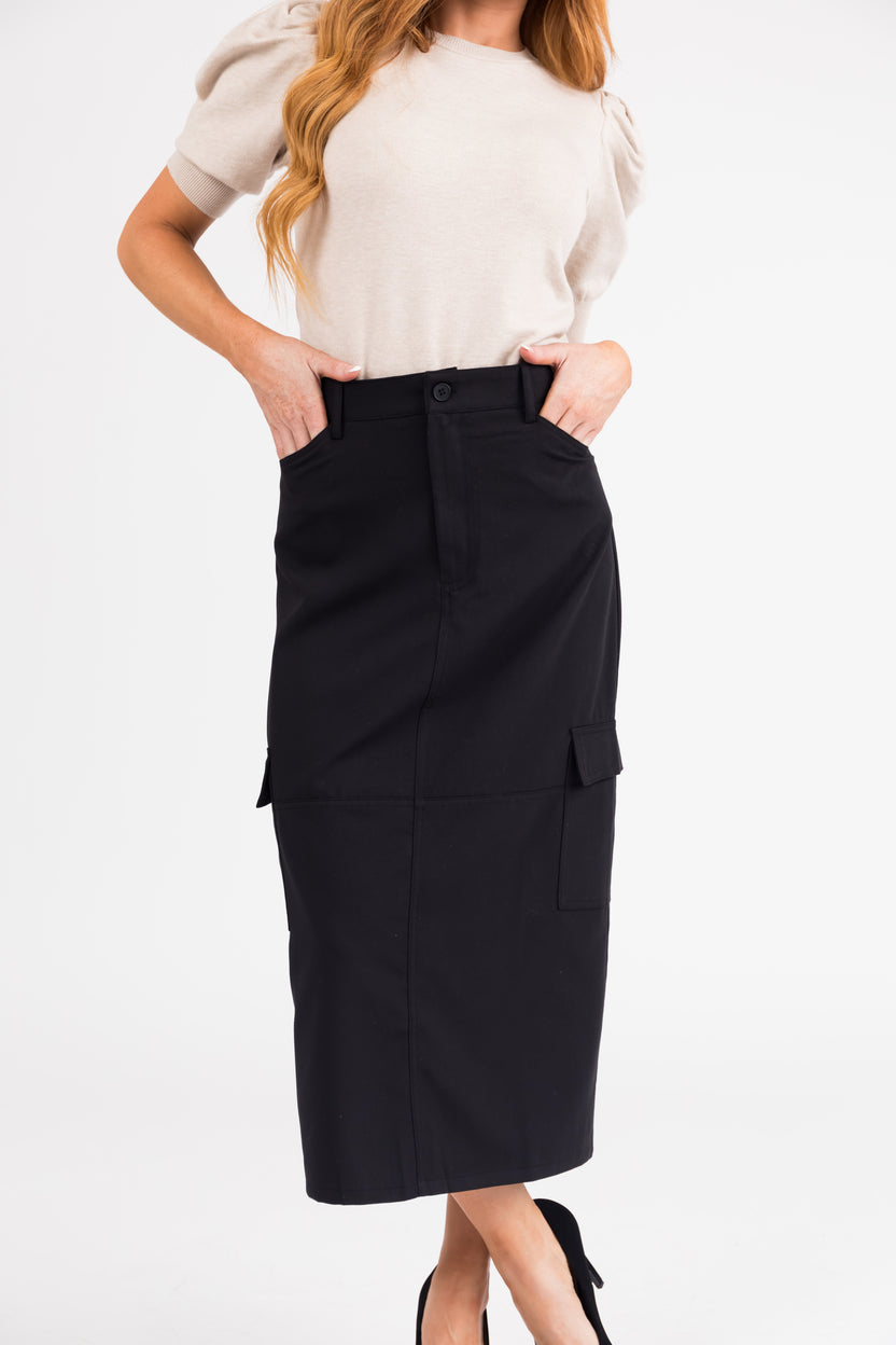 Black Cargo Midi Skirt with Pockets