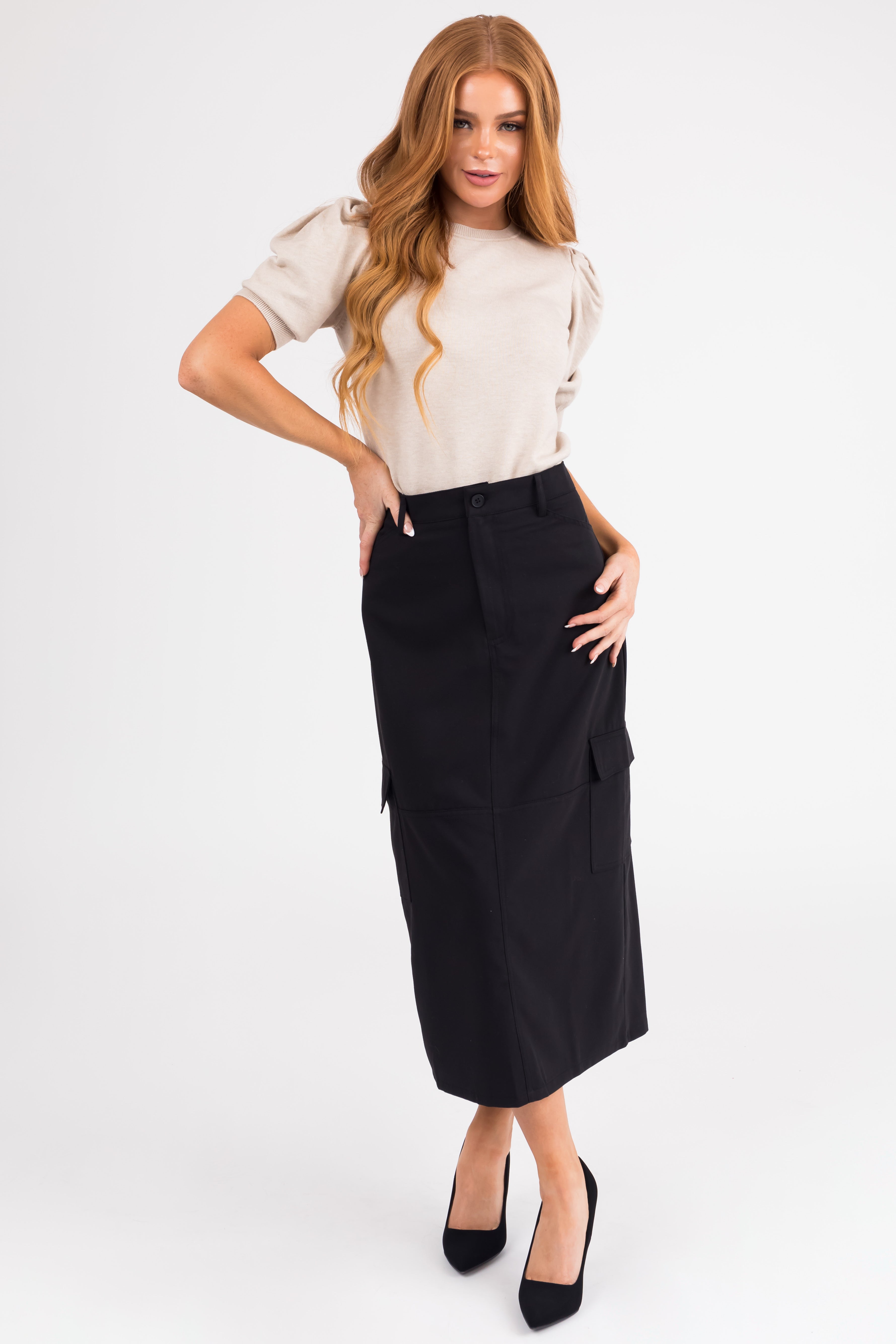 Sweater midi skirt top with pockets