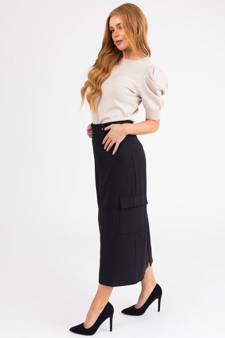 Black Cargo Midi Skirt with Pockets