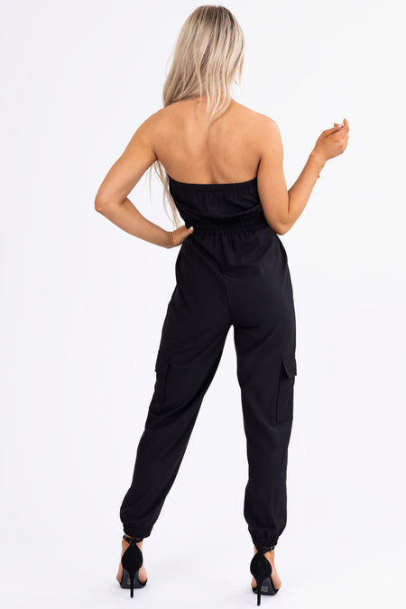 Black Cargo Style Strapless Jumpsuit