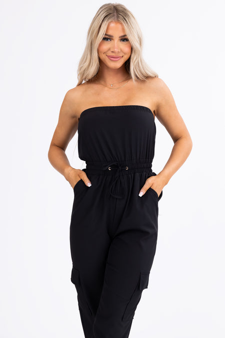 Black Cargo Style Strapless Jumpsuit