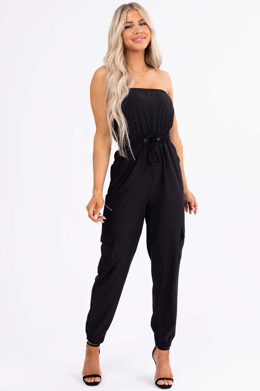 Black Cargo Style Strapless Jumpsuit