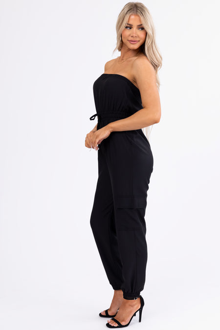 Black Cargo Style Strapless Jumpsuit