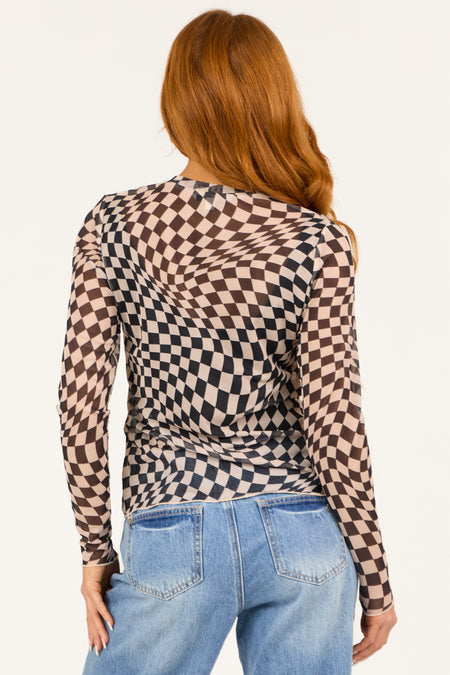 Black Checkerboard Print Sheer Mesh Top