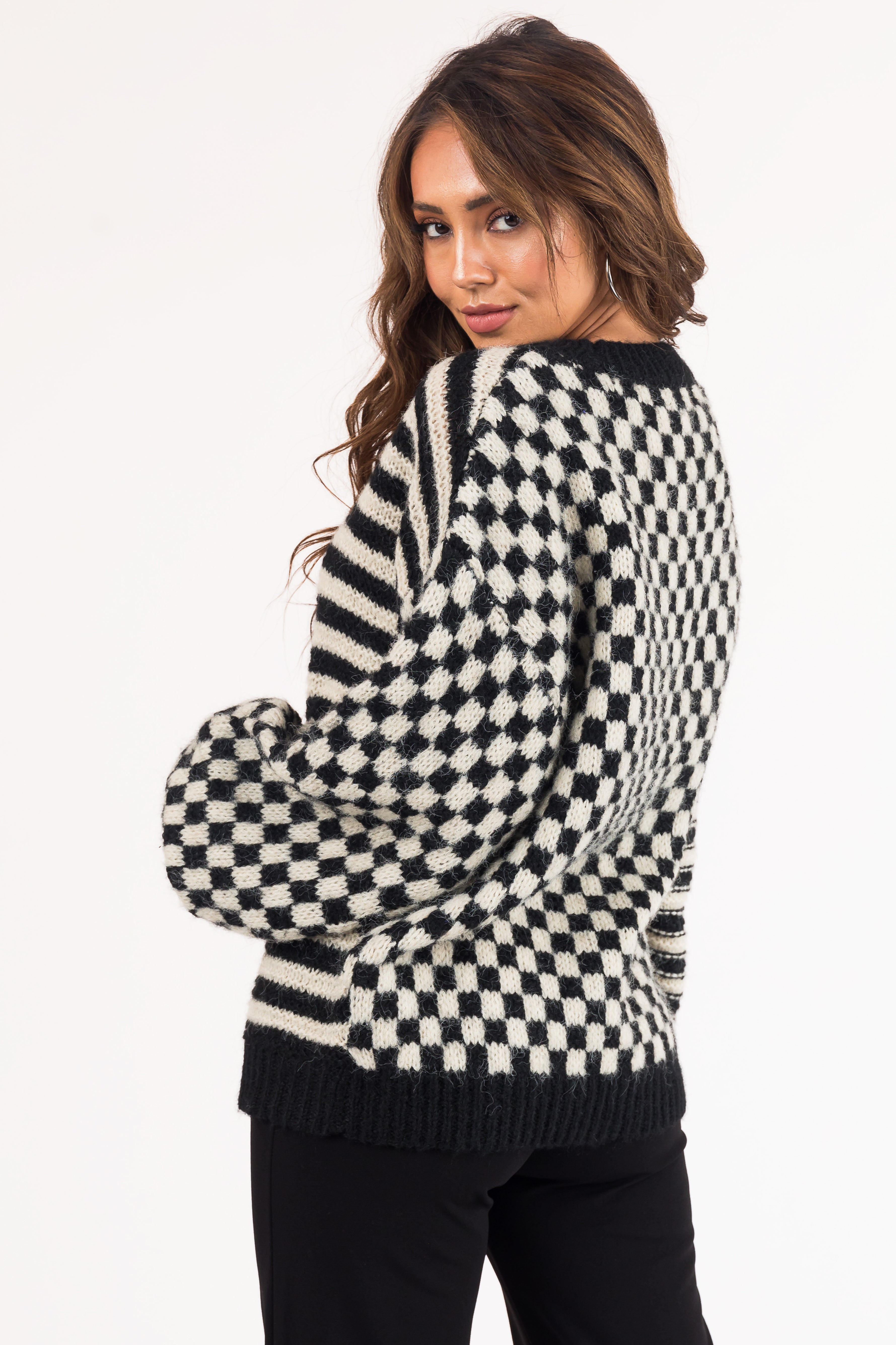 Black Checkered and Striped Fuzzy Knit Sweater