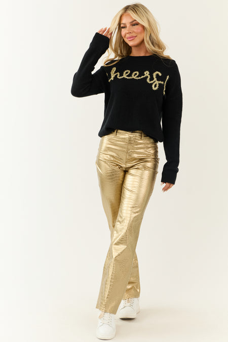 Black 'Cheers!' Tinsel Graphic Pullover Knit Sweater