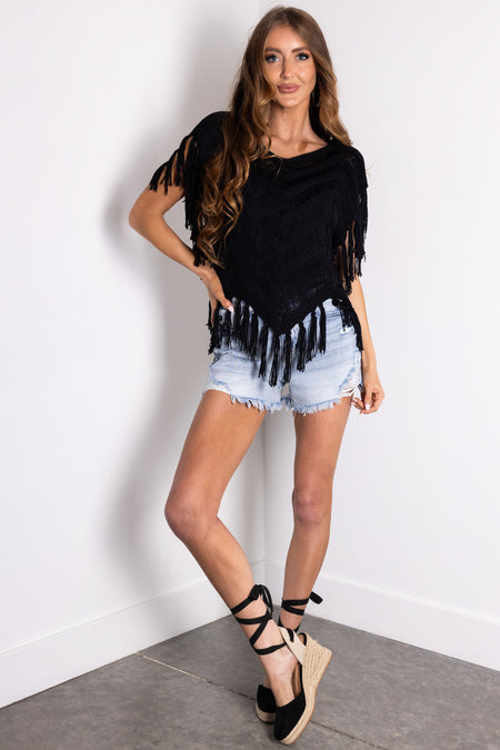 Black Chenille Crochet Fringe Oversized Top