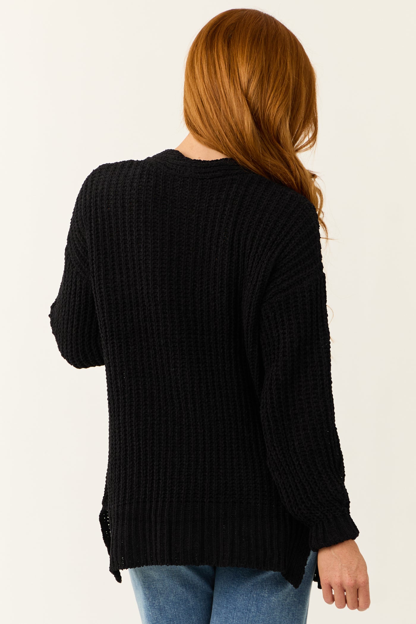 Black Chenille Drop Sleeve Knit Cardigan