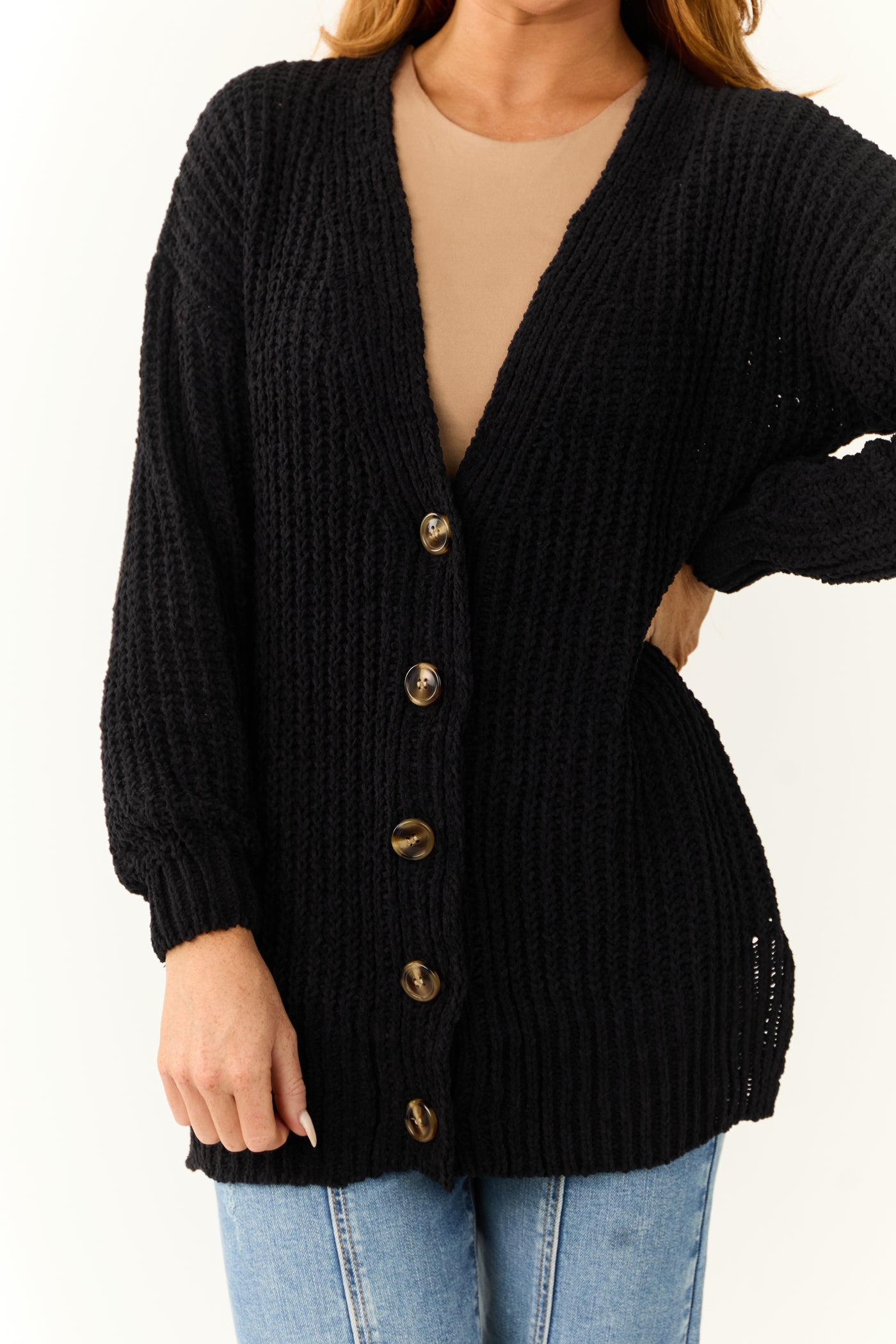 Black Chenille Drop Sleeve Knit Cardigan