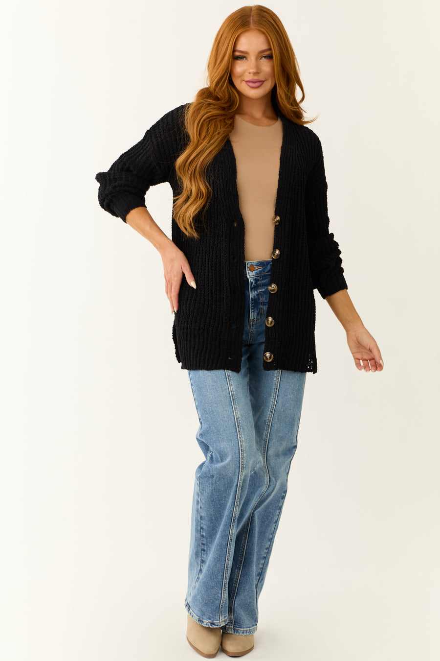 Black Chenille Drop Sleeve Knit Cardigan