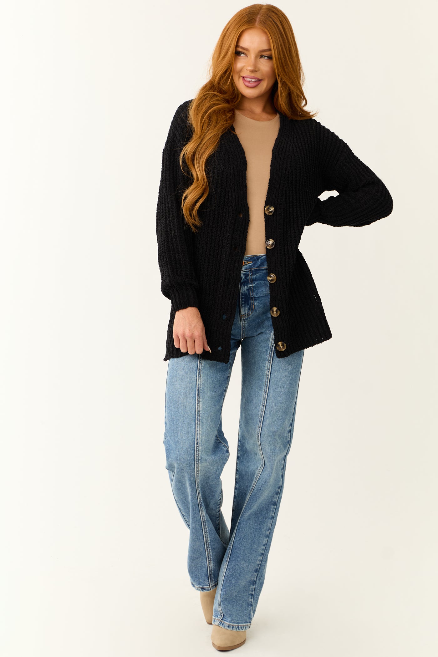 Black Chenille Drop Sleeve Knit Cardigan