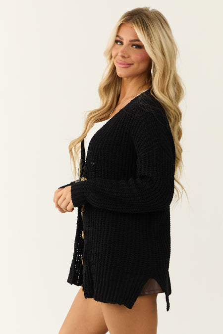 Black Chenille Drop Sleeve Knit Cardigan