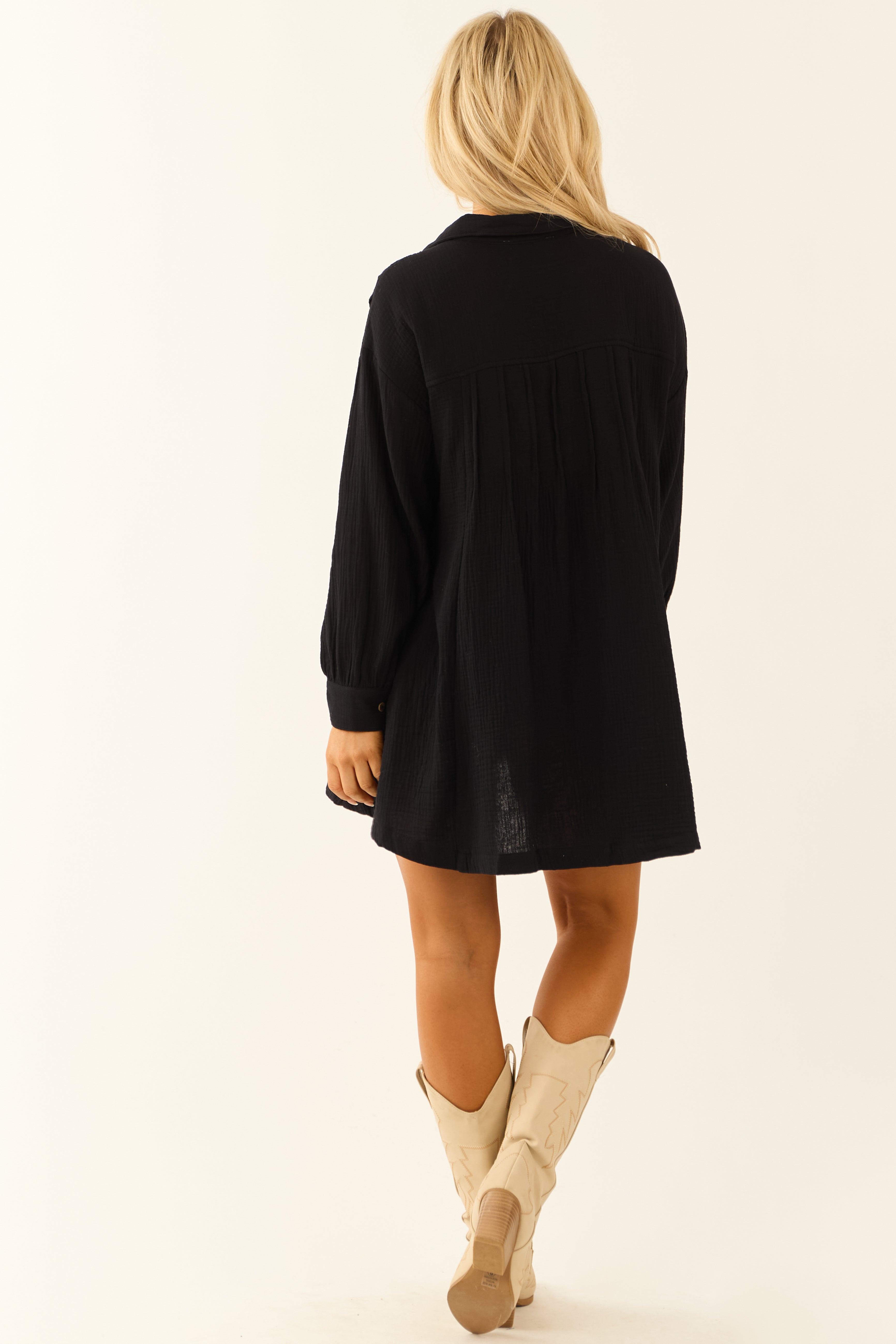 Black Chest Pocket Relaxed Gauze Short Shirt Dress