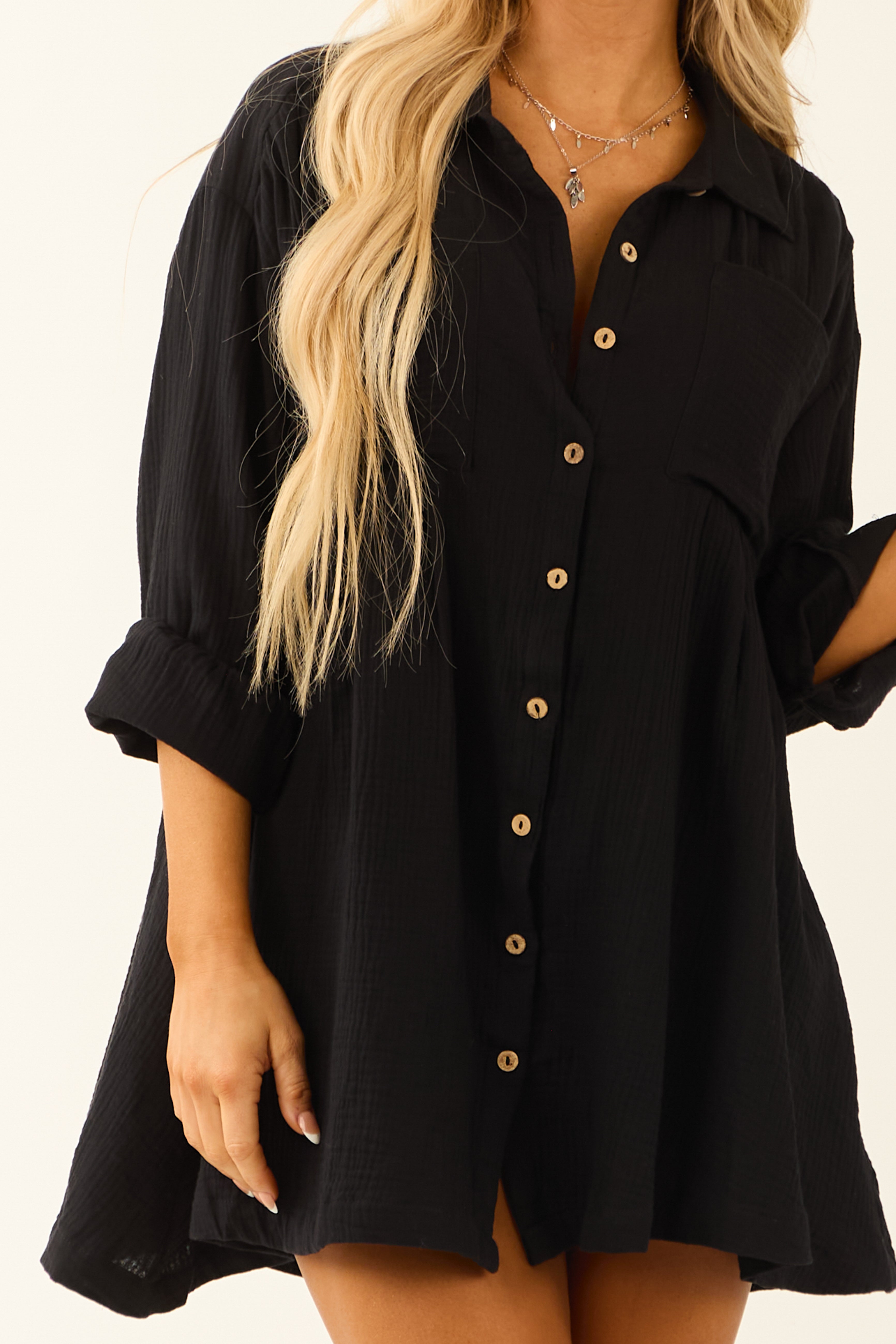 Black Chest Pocket Relaxed Gauze Short Shirt Dress