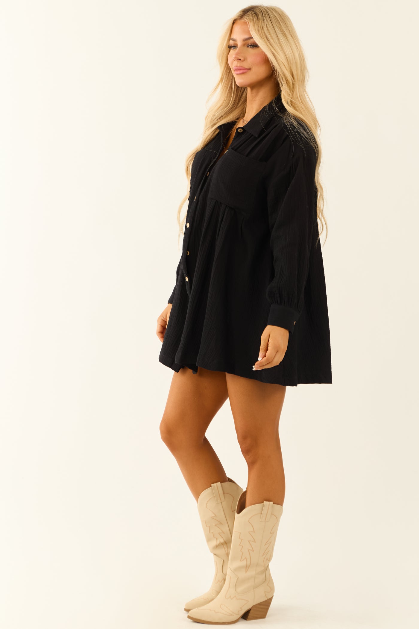 Black Chest Pocket Relaxed Gauze Short Shirt Dress