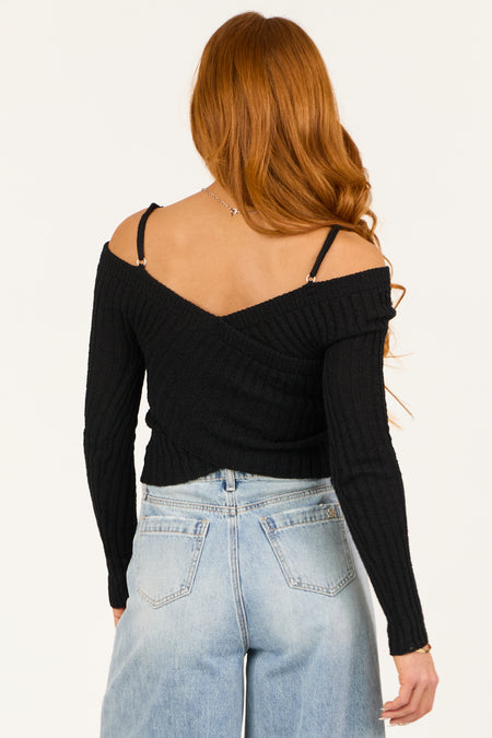 Black Cold Shoulder Crossover Sweater