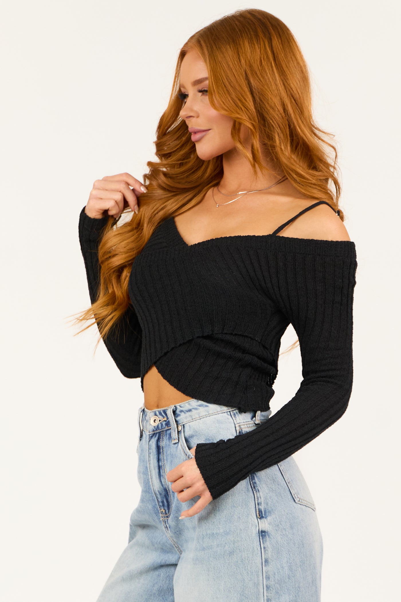 Black Cold Shoulder Crossover Sweater