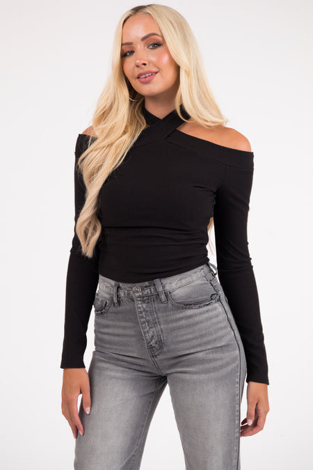 Black Cold Shoulder Long Sleeve Cropped Top