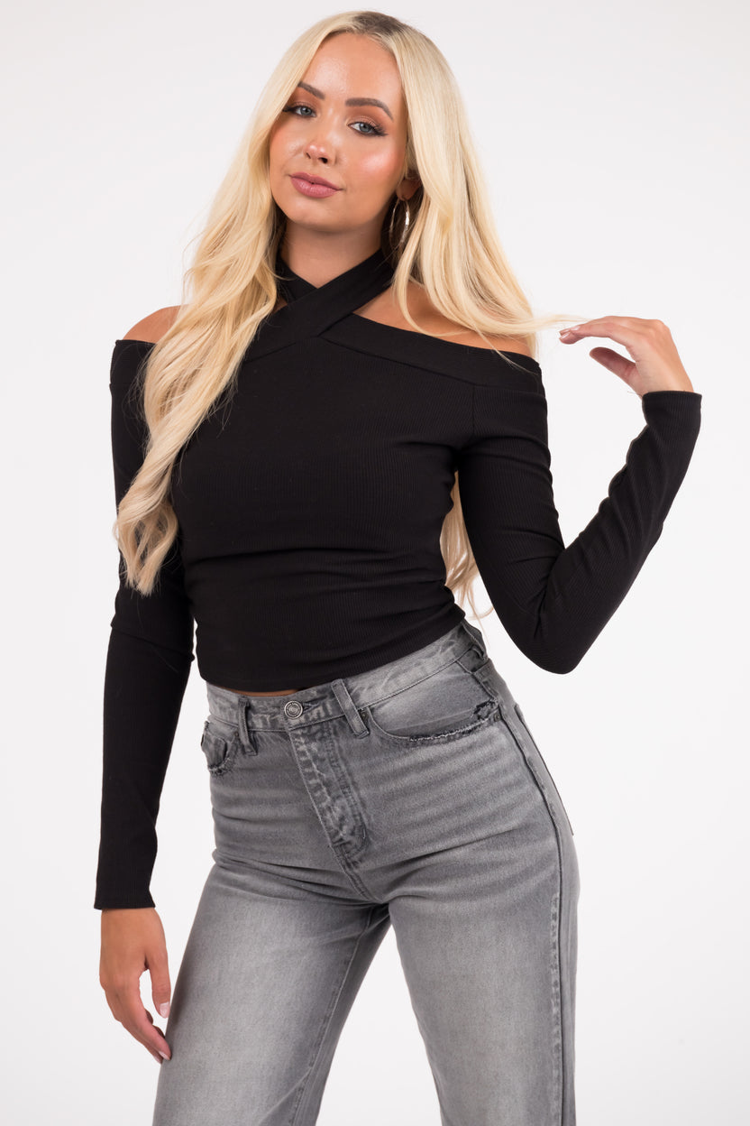 Black Cold Shoulder Long Sleeve Cropped Top