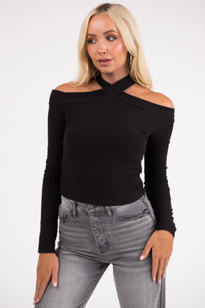 Black Cold Shoulder Long Sleeve Cropped Top