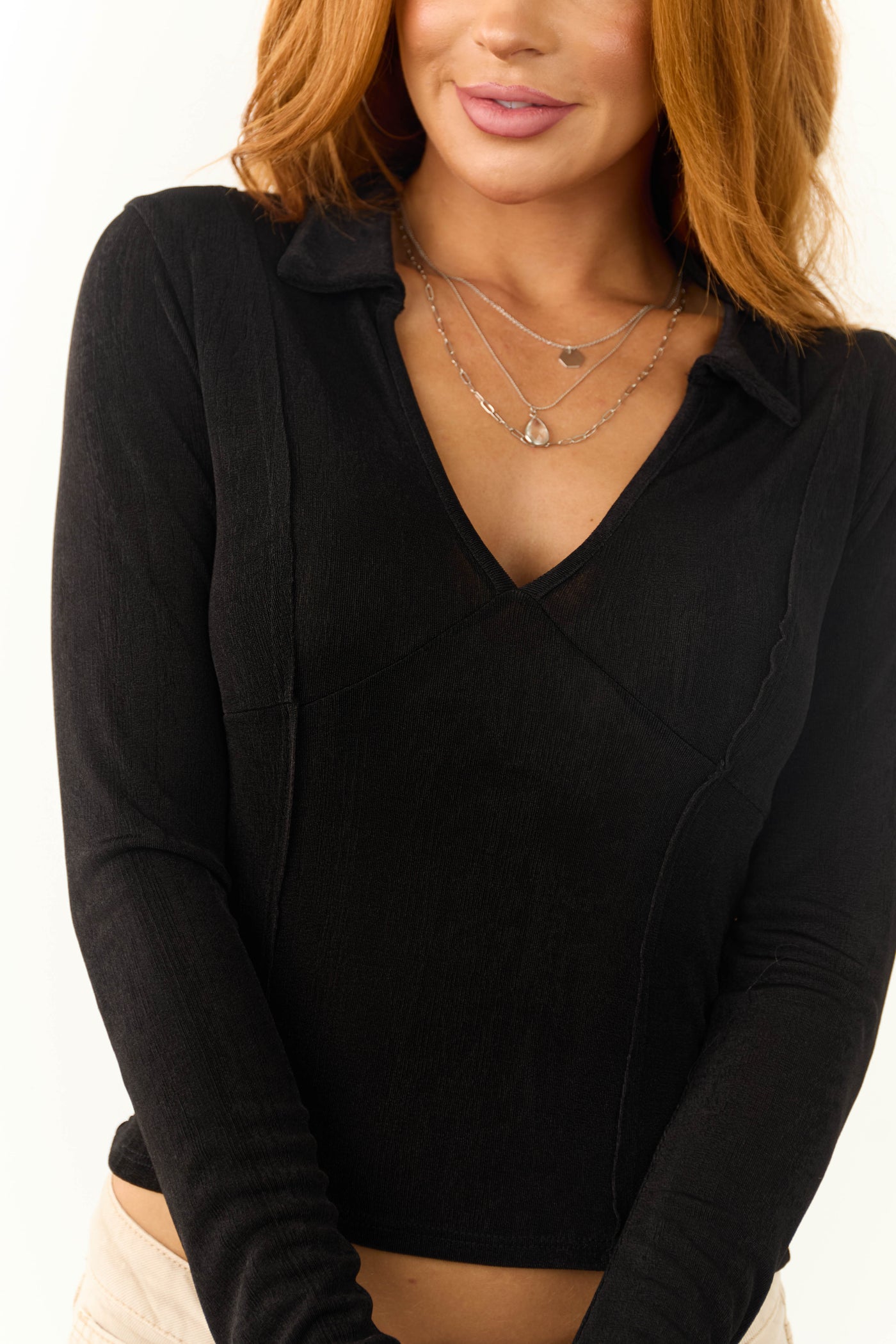 Black Collared Babydoll Shimmery Knit Top