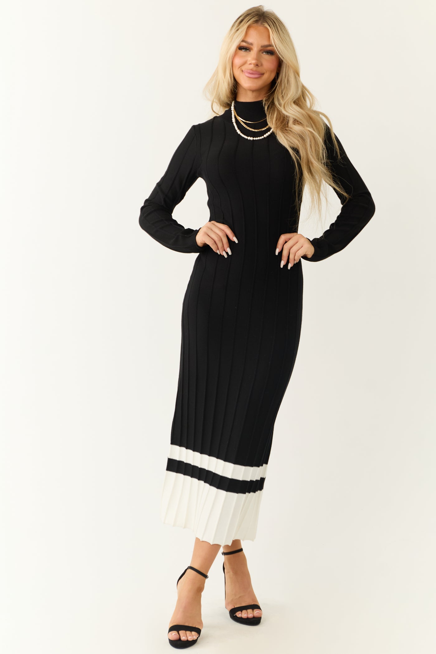 Black Colorblock Mock Neck Sweater Midi Dress