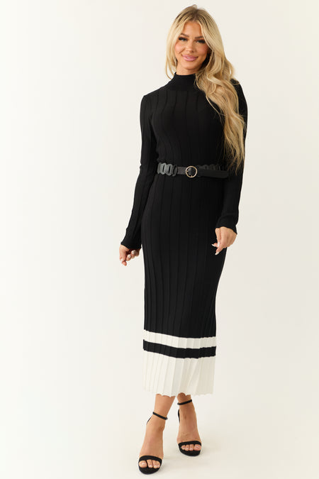 Black Colorblock Mock Neck Sweater Midi Dress