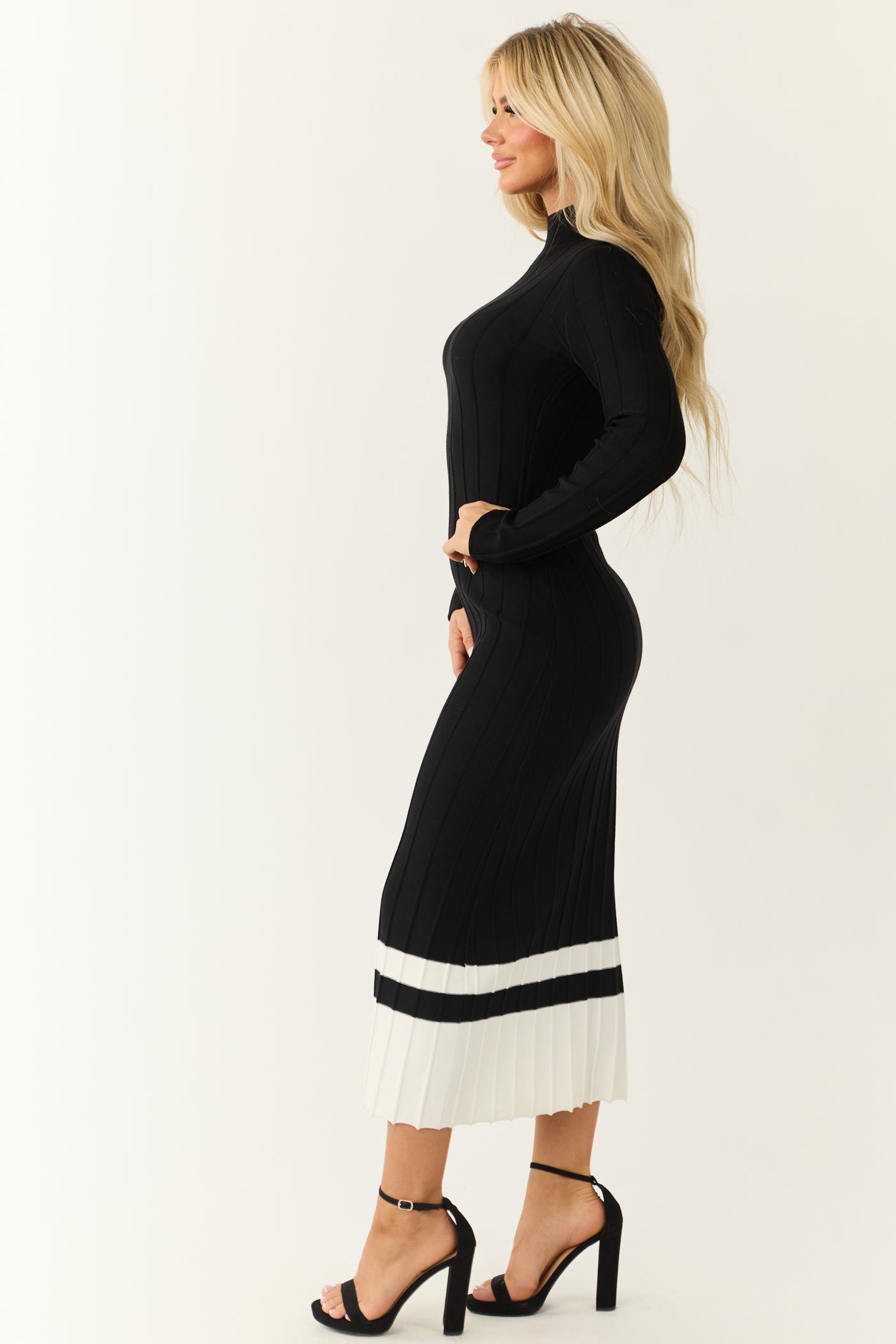 Black Colorblock Mock Neck Sweater Midi Dress