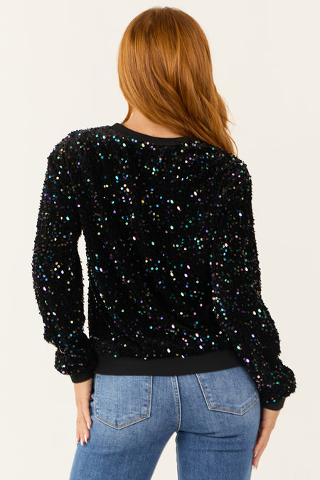 Black Colorful Velvet Sequin Long Sleeve Sweatshirt