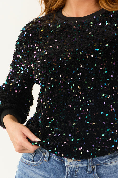 Black Colorful Velvet Sequin Long Sleeve Sweatshirt