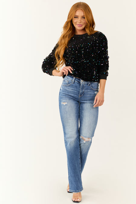 Black Colorful Velvet Sequin Long Sleeve Sweatshirt