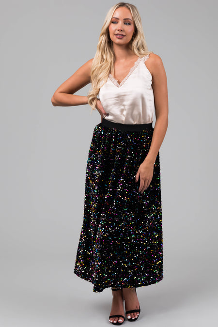 Black Colorful Sequin Velvet Midi Skirt